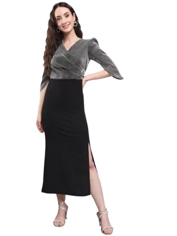 AONE Clothing Women's Crepe 3/4 Sleeves V Neck Side Buckle Western Bodycon Dress for Ladies & Girls - Image 2