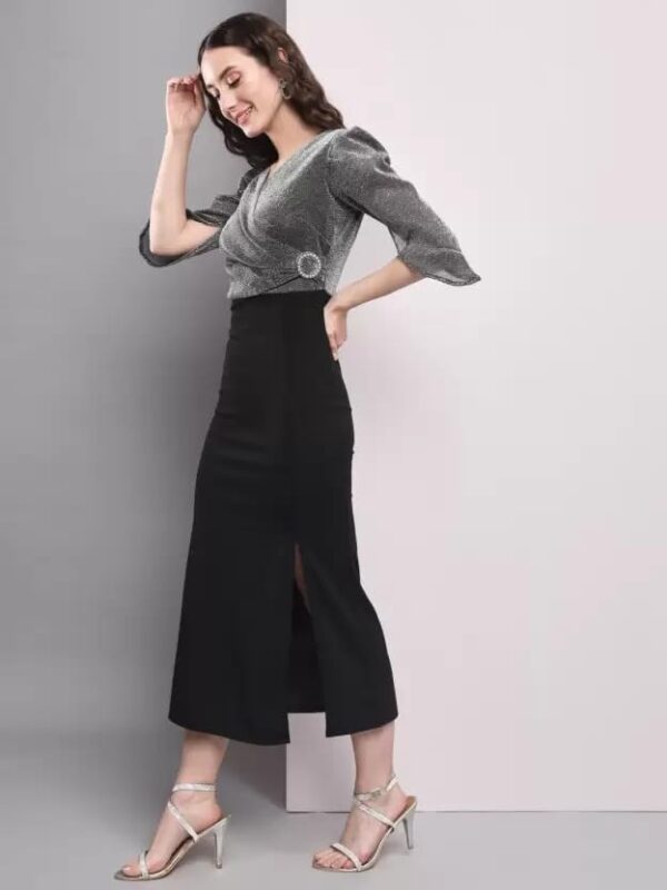 AONE Clothing Women's Crepe 3/4 Sleeves V Neck Side Buckle Western Bodycon Dress for Ladies & Girls - Image 3