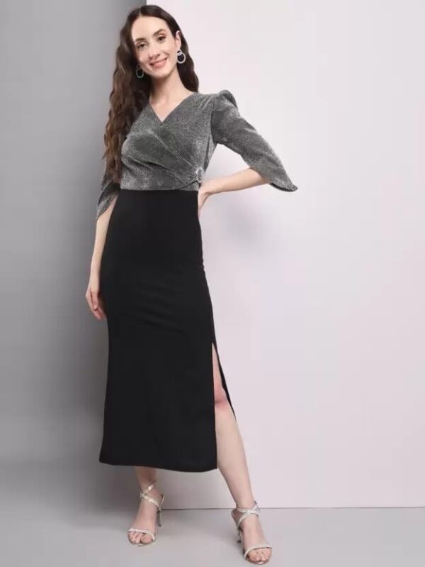 AONE Clothing Women's Crepe 3/4 Sleeves V Neck Side Buckle Western Bodycon Dress for Ladies & Girls - Image 5