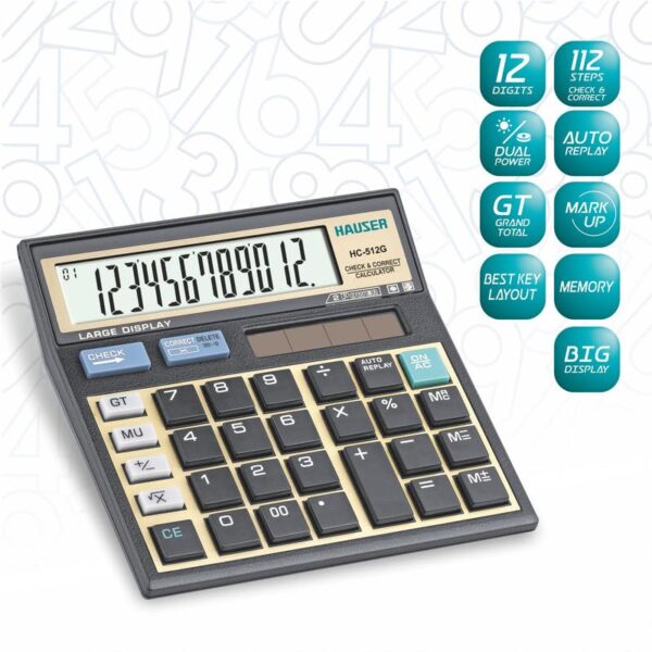 Hauser HC-512G Desktop Series Electronic Calculator | 12 Digits Calculator | Best Key Layout | Mark Up with GT Keys | Big Display & Memory | Dual Power | 112 Steps Check & Correct | Grey, Pack of 1 - Image 3