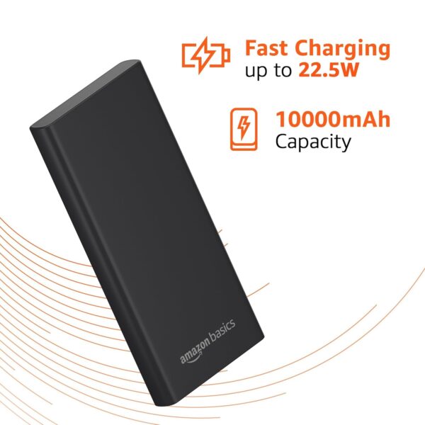 Amazon Basics 10000mAh 22.5W Fast Charging Power Bank with Cable | Triple Output Ports |Dual Input Ports | Lithium Polymer Power Bank | Compact Metal Body (Black) - Image 3