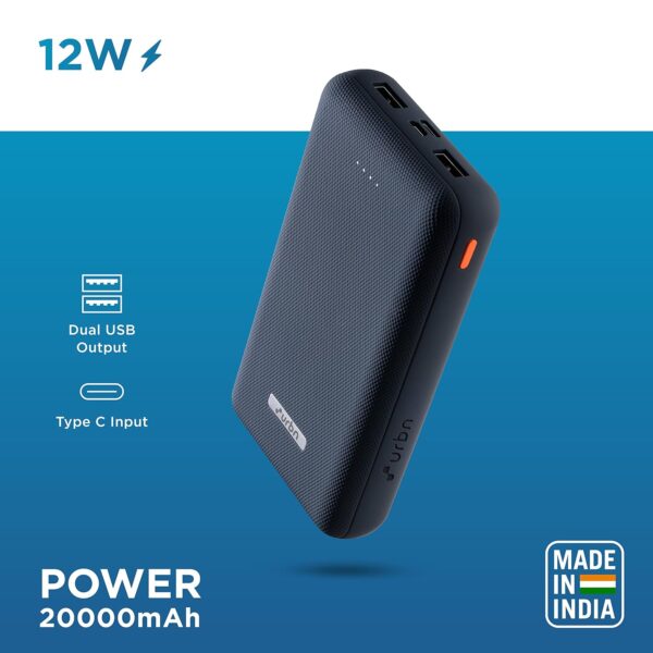 URBN 20000 mAh Li-Polymer Ultra Compact Power Bank | 12W Fast Charge | Dual USB Output | Type C & Micro Input Only | Pocket Size | Made in India (Blue) - Image 3