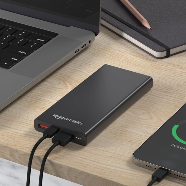 Amazon Basics 10000mAh 22.5W Fast Charging Power Bank with Cable | Triple Output Ports |Dual Input Ports | Lithium Polymer Power Bank | Compact Metal Body (Black) - Image 6