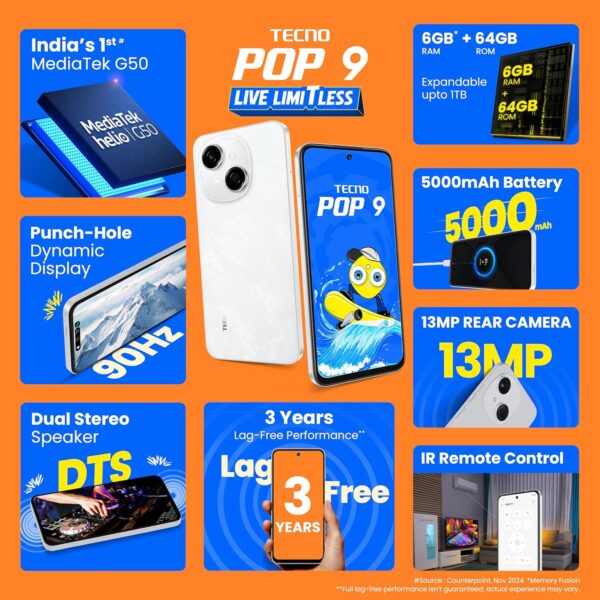 TECNO POP 9 (Glittery White, 3GB+64GB) |India's 1st Mediatek G50 | IP54 Rated | IR Remote | Dual Speaker with DTS | 36 Month Lag Free Fluency | 15W Fast Charging Support | 5000 mAh Battery - Image 3