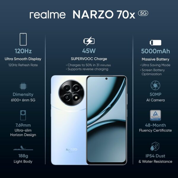 realme NARZO 70x 5G (Ice Blue, 8GB RAM,128GB Storage)|120Hz Ultra Smooth Display|Dimensity 6100+ 6nm 5G|50MP AI Camera|45W Charger in The Box - Image 3