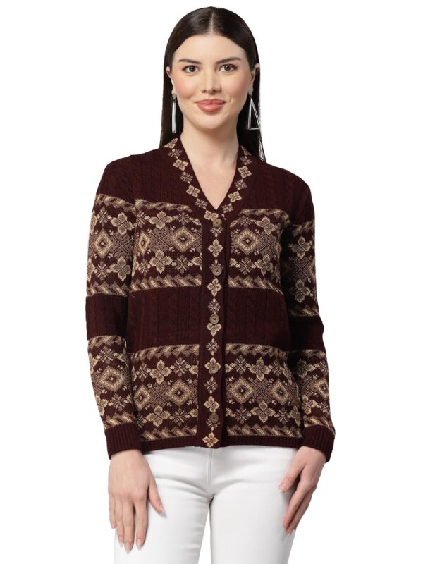 Kalt Women Sweater for Winter Woolen Acrylic Full Sleeves V-Neck Jacquard Design Cardigan Sweater for Women Winter Woollen Stylish - Image 2