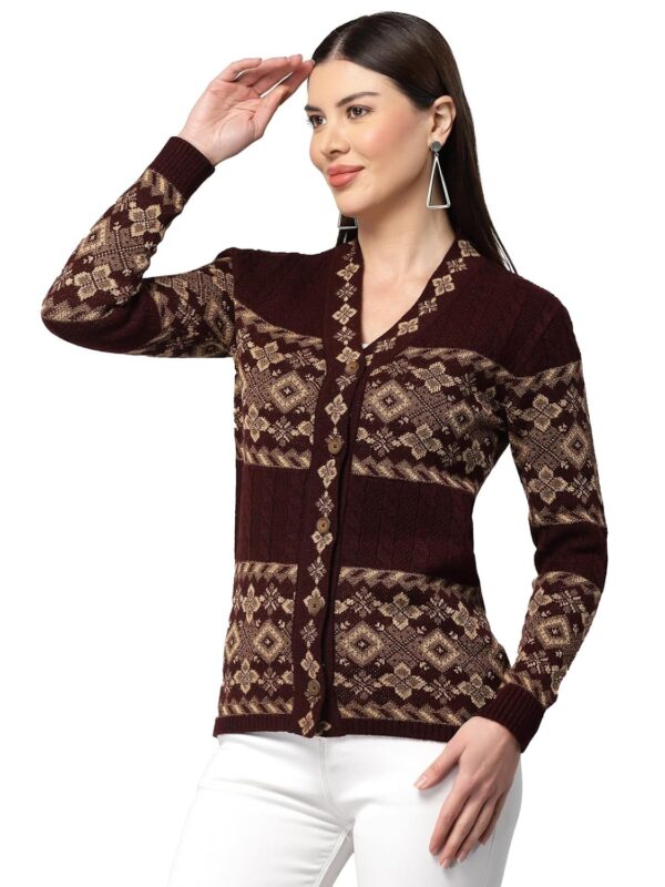 Kalt Women Sweater for Winter Woolen Acrylic Full Sleeves V-Neck Jacquard Design Cardigan Sweater for Women Winter Woollen Stylish - Image 4
