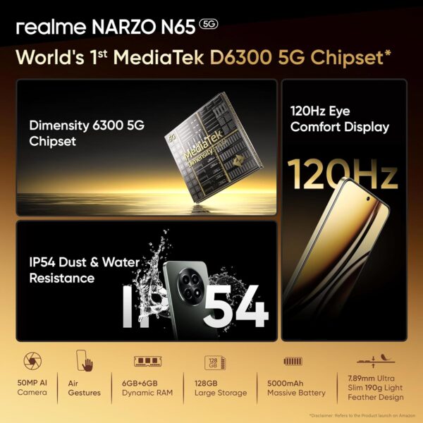 realme NARZO N65 5G (Amber Gold 6GB RAM, 128GB Storage) India's 1st D6300 5G Chipset | Ultra Slim Design | 120Hz Eye Comfort Display | 50MP AI Camera| Charger in The Box - Image 7
