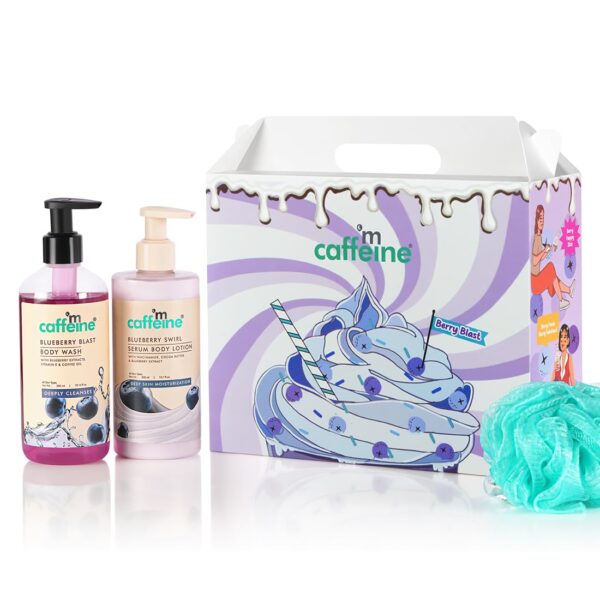 mCaffeine Blueberry Escape Bath & Body Gift Kit | Body Wash, Body Lotion, Teal Loofah | Gift Set For Men and Women | Pampering Kit for Birthday, Anniversary & All Special Occasions | Valentine Gift for Him/Her | Premium Gift Box 100% Vegan - Image 2