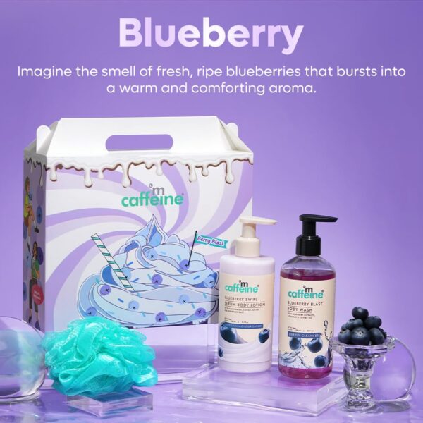 mCaffeine Blueberry Escape Bath & Body Gift Kit | Body Wash, Body Lotion, Teal Loofah | Gift Set For Men and Women | Pampering Kit for Birthday, Anniversary & All Special Occasions | Valentine Gift for Him/Her | Premium Gift Box 100% Vegan - Image 7