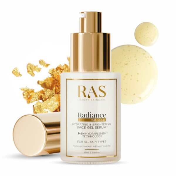 RAS Luxury Oils Radiance 24K Gold Brightening 8 in 1 Face Gel Serum Hydrates Skin, Reduce Pigmentation, With 148 Hours of Hydration Infused with Hyaluronic Acid, Saffron, Manjistha & Rosehip - Image 2