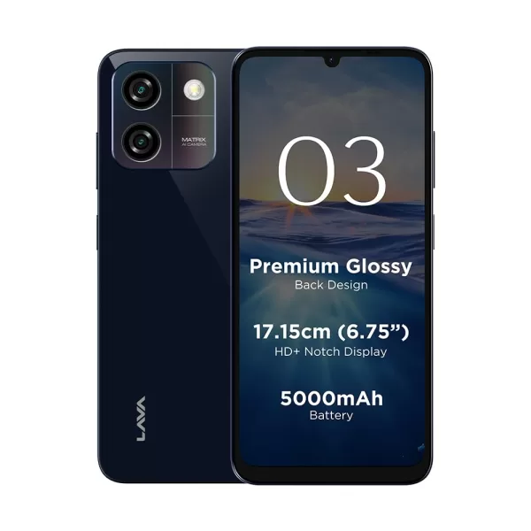 Lava O3 (Glossy Blue, 3 GB RAM, 64 GB Storage) | Biggest 6.75" HD+ Display | 13MP AI Dual Rear Camera | 5000 mAh Battery | Secure Face Unlock | Fingerprint Reader | Charger & Phone-Cover in Box - Image 2