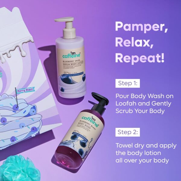 mCaffeine Blueberry Escape Bath & Body Gift Kit | Body Wash, Body Lotion, Teal Loofah | Gift Set For Men and Women | Pampering Kit for Birthday, Anniversary & All Special Occasions | Valentine Gift for Him/Her | Premium Gift Box 100% Vegan - Image 9