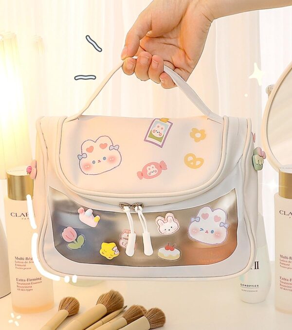 Wolpin Travel Cosmetic Bag Toiletry Vanity Large Makeup Kit Storage Organizer Grooming Make Up Bag, with Bear Cute Sticker White 18 cms - Image 4