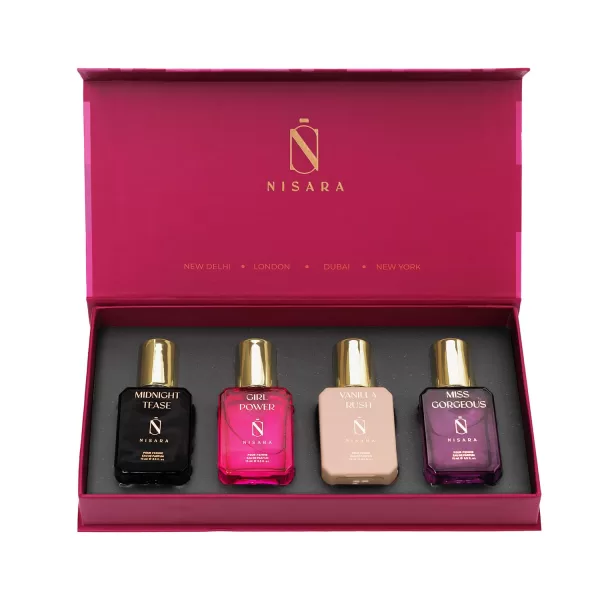 Nisara Long Lasting Women Perfume Gift Set 4x15ml(60ml) with | Midnight Tease | Girl Power | Vanilla Rush | Miss Gorgeous | Travel & Pocket friendly perfume kit for all moods & occasions | Perfume for Women | Gift for valentine | Gift For Sister, Wife, Friend, Girlfriend & Mother - Image 2