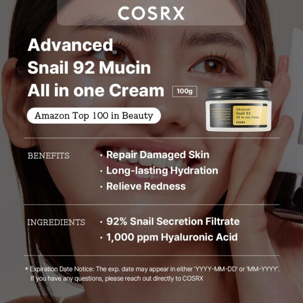 COSRX Snail Mucin 92% Moisturizer 3.52oz/ 100g, Daily Repair Face Gel Cream for Dry, Sensitive Skin, Not Tested on Animals, No Parabens, No Sulfates, No Phthalates, Korean Skincare - Image 4