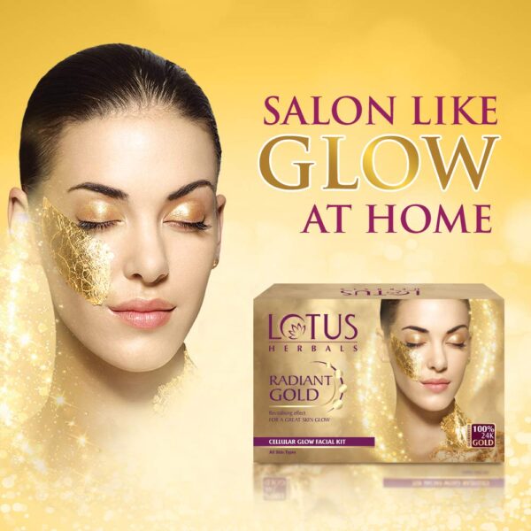 Lotus Herbals Radiant Gold Facial Kit For Instant Glow With 24K Pure Gold & Papaya,4 Easy Steps, 170g (Multiple Use) - Image 5