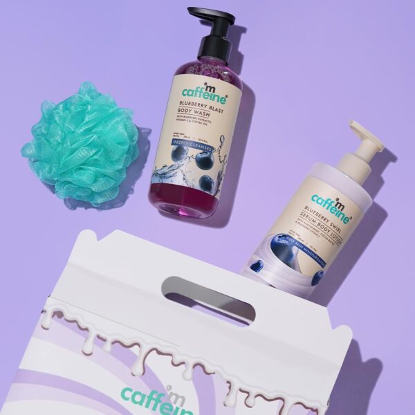 mCaffeine Blueberry Escape Bath & Body Gift Kit | Body Wash, Body Lotion, Teal Loofah | Gift Set For Men and Women | Pampering Kit for Birthday, Anniversary & All Special Occasions | Valentine Gift for Him/Her | Premium Gift Box 100% Vegan - Image 8