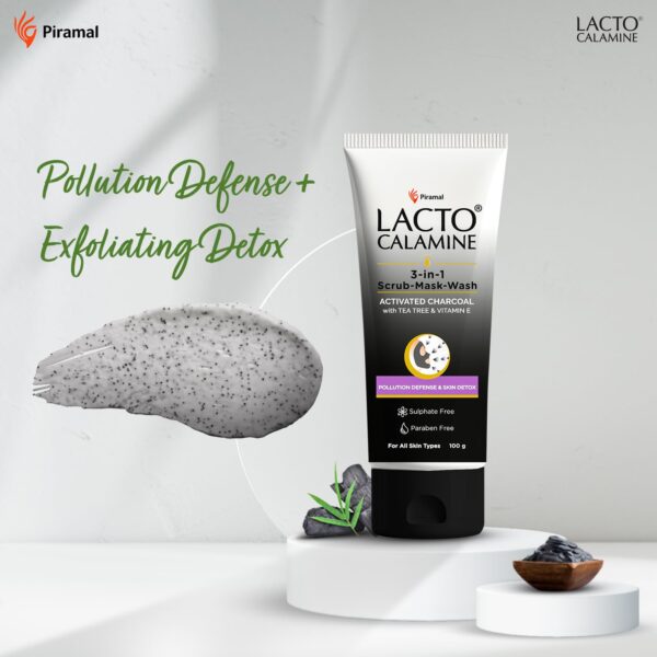Lacto Calamine 3-in-1 Charcoal Face Scrub-Mask-Wash for Pollution Defence | 100 ml x 1 | Multi-action Encapsulated Charcoal Face Wash, Face Scrub, Face Mask with Kaolin Clay, Tea Tree Oil & Vitamin E - Image 6