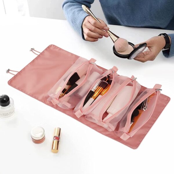 TS WITH TECHSUN Travel Makeup Pouch for Women Makeup Kit, Roll Up Pouch Makeup Organizer Box | Foldable Cosmetics Toiletry Bag with 4 Compartments | Cosmetic Organizer (Pink) (Pink) - Image 6