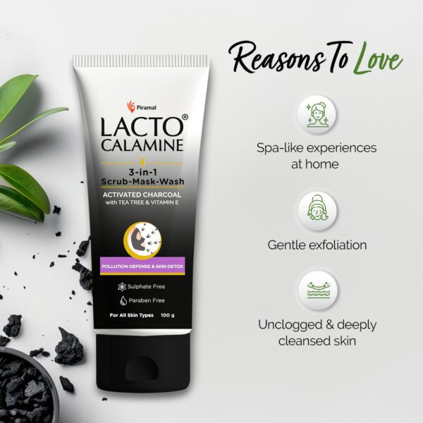 Lacto Calamine 3-in-1 Charcoal Face Scrub-Mask-Wash for Pollution Defence | 100 ml x 1 | Multi-action Encapsulated Charcoal Face Wash, Face Scrub, Face Mask with Kaolin Clay, Tea Tree Oil & Vitamin E - Image 9