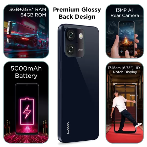 Lava O3 (Glossy Blue, 3 GB RAM, 64 GB Storage) | Biggest 6.75" HD+ Display | 13MP AI Dual Rear Camera | 5000 mAh Battery | Secure Face Unlock | Fingerprint Reader | Charger & Phone-Cover in Box - Image 3