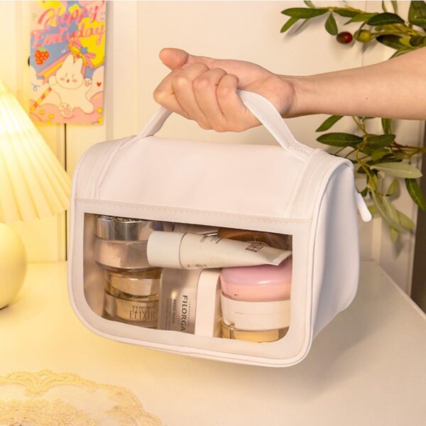 Wolpin Travel Cosmetic Bag Toiletry Vanity Large Makeup Kit Storage Organizer Grooming Make Up Bag, with Bear Cute Sticker White 18 cms - Image 5