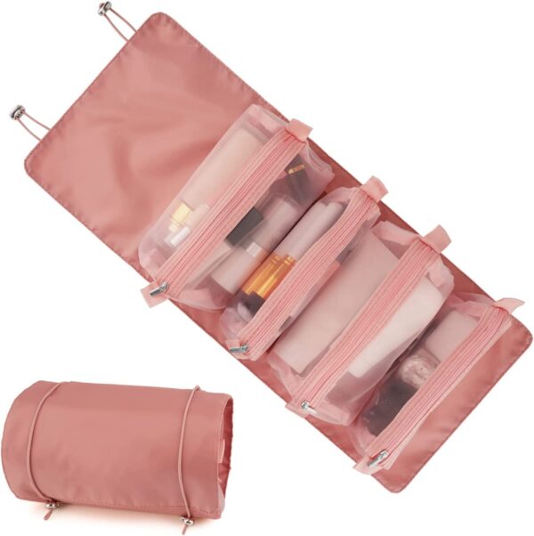 TS WITH TECHSUN Travel Makeup Pouch for Women Makeup Kit, Roll Up Pouch Makeup Organizer Box | Foldable Cosmetics Toiletry Bag with 4 Compartments | Cosmetic Organizer (Pink) (Pink) - Image 2