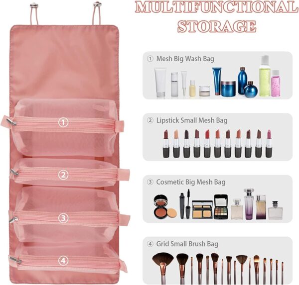TS WITH TECHSUN Travel Makeup Pouch for Women Makeup Kit, Roll Up Pouch Makeup Organizer Box | Foldable Cosmetics Toiletry Bag with 4 Compartments | Cosmetic Organizer (Pink) (Pink) - Image 5