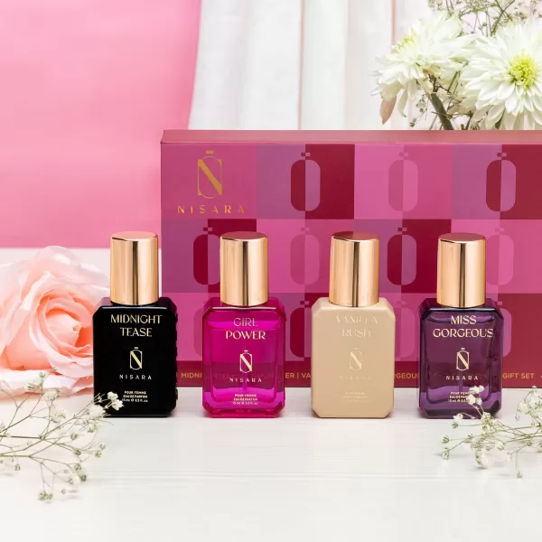Nisara Long Lasting Women Perfume Gift Set 4x15ml(60ml) with | Midnight Tease | Girl Power | Vanilla Rush | Miss Gorgeous | Travel & Pocket friendly perfume kit for all moods & occasions | Perfume for Women | Gift for valentine | Gift For Sister, Wife, Friend, Girlfriend & Mother - Image 5