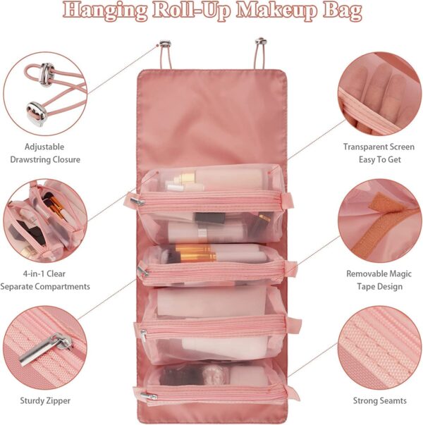 TS WITH TECHSUN Travel Makeup Pouch for Women Makeup Kit, Roll Up Pouch Makeup Organizer Box | Foldable Cosmetics Toiletry Bag with 4 Compartments | Cosmetic Organizer (Pink) (Pink) - Image 8