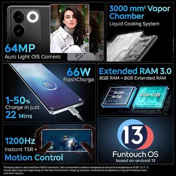 iQOO Z7 Pro 5G (Blue Lagoon, 8GB RAM, 128GB Storage) | 3D Curved AMOLED Display | 4nm MediaTek Dimesity 7200 5G Processor | 64MP Aura Light OIS Camera | Segment's Slimmest & Lightest Smartphone - Image 4