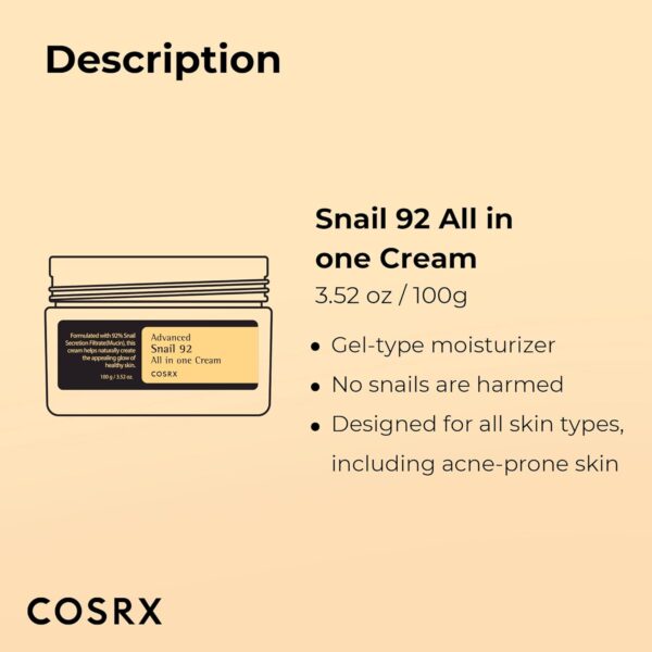 COSRX Snail Mucin 92% Moisturizer 3.52oz/ 100g, Daily Repair Face Gel Cream for Dry, Sensitive Skin, Not Tested on Animals, No Parabens, No Sulfates, No Phthalates, Korean Skincare - Image 6