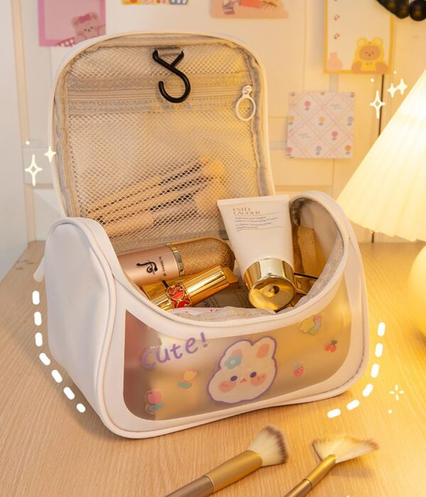 Wolpin Travel Cosmetic Bag Toiletry Vanity Large Makeup Kit Storage Organizer Grooming Make Up Bag, with Bear Cute Sticker White 18 cms - Image 3
