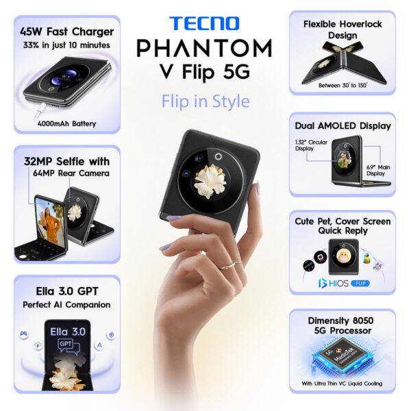 TECNO Phantom V Flip 5G (Iconic Black 8GB RAM,256GB Storage) | 45W Fast Charging | 32 MP Selfie, 64 Rear Camera| 6.9" Flexible, 1.32" Secondrary AMOLED - Image 4
