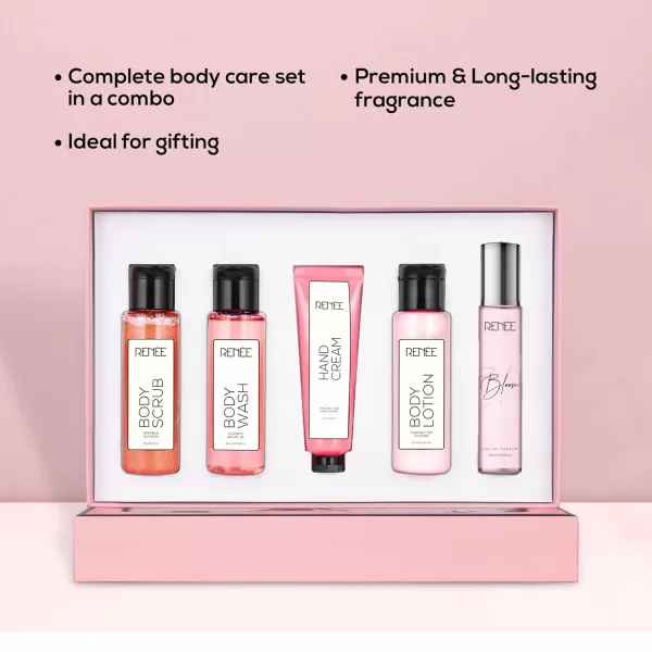 RENEE Bath & Body Care Set - Luxurious Body Wash, Exfoliating Scrub, Hydrating Lotion, Hand Cream & Signature Perfume - Premium Gifting Combo of 5 (BLOOM) - Image 4