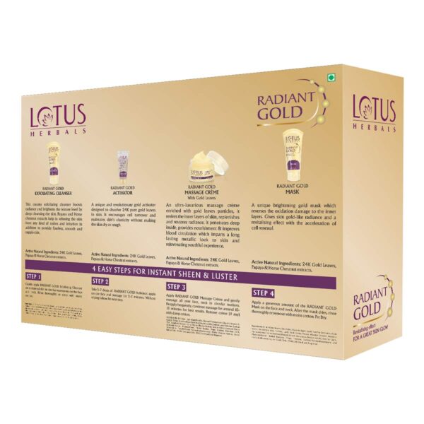 Lotus Herbals Radiant Gold Facial Kit For Instant Glow With 24K Pure Gold & Papaya,4 Easy Steps, 170g (Multiple Use) - Image 3