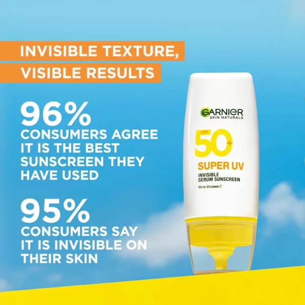 Garnier Super UV Invisible Serum Sunscreen SPF 50 PA++++ UVA/B for Broad Spectrum | Lightweight with Vitamin C | No White Cast | For All Skin Types (Oily, Dry, Acne-prone) | For Men & Women 30ml - Image 4