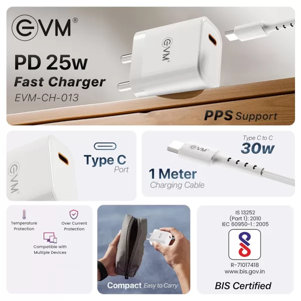 EVM 25W Mobile Charger - Type C Cable Included - Compact Charging Adaptor - Android, Xiaomi, Vivo and Other Smartphones - 1 Year Warranty (EVM-CH-013) - Image 3