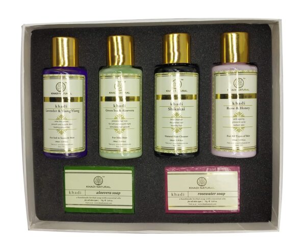 Khadi Natural Gift Box with Rose Water Soap, Aloe Vera Soap, Shikakai Cleanser, Green Tea & Aloe Vera Conditioner, Lavender & Ylang Ylang Body Wash & Rose & Honey Moisturizer | All Skin & Hair Types | Set of 6 - Image 3