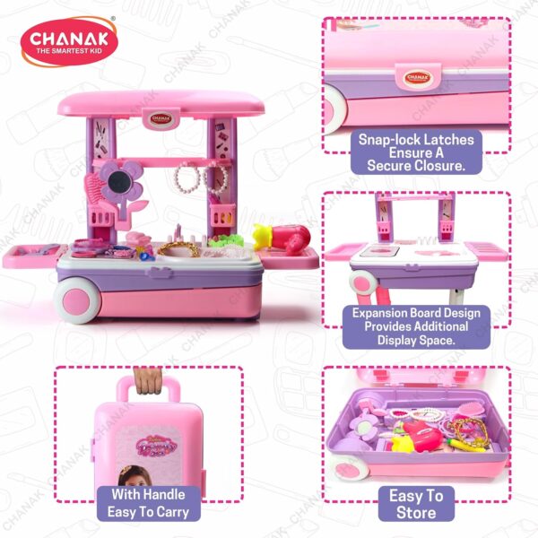 Chanak Beauty Set Suitcase On Wheel, The Ultimate Beauty Set On Wheels for Girls, Makeup Kit is Easy to Clean & Use, Portable Beauty Set with 23 Pieces for 3 Years BIS Approved. (Beauty Set Trolley) - Image 6