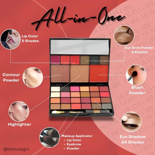 HUDA GIRL All-in-One Makeup Kit with Mirror - Includes 24 Eyeshadow Palette with Brush, 3 Eyebrow Powder, 3 Lip Gloss, 2 Applicator, Blush Contour and Highlighter Palette for Girl & Womens - Image 3