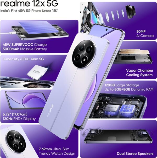 realme 12x 5G (Coral Red, 8GB RAM, 128GB Storage) | Upto 16GB (8+8GB) Dynamic RAM | Dimensity 6100+ Processor | 50 MP AI Camera | 7.69 mm Ultra-Slim Trendy Watch Design | 45 W SUPERVOOC Charge - Image 6