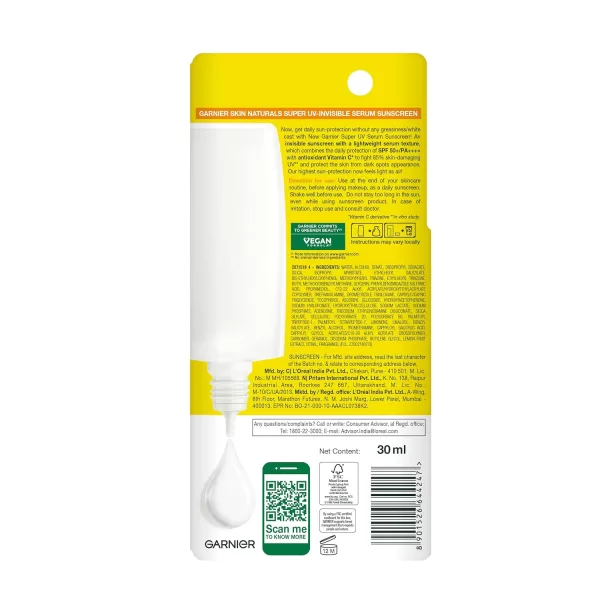 Garnier Super UV Invisible Serum Sunscreen SPF 50 PA++++ UVA/B for Broad Spectrum | Lightweight with Vitamin C | No White Cast | For All Skin Types (Oily, Dry, Acne-prone) | For Men & Women 30ml - Image 3