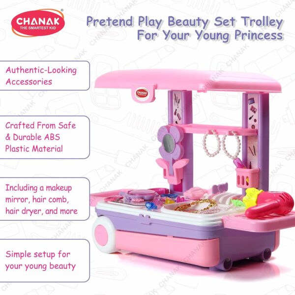 Chanak Beauty Set Suitcase On Wheel, The Ultimate Beauty Set On Wheels for Girls, Makeup Kit is Easy to Clean & Use, Portable Beauty Set with 23 Pieces for 3 Years BIS Approved. (Beauty Set Trolley) - Image 5
