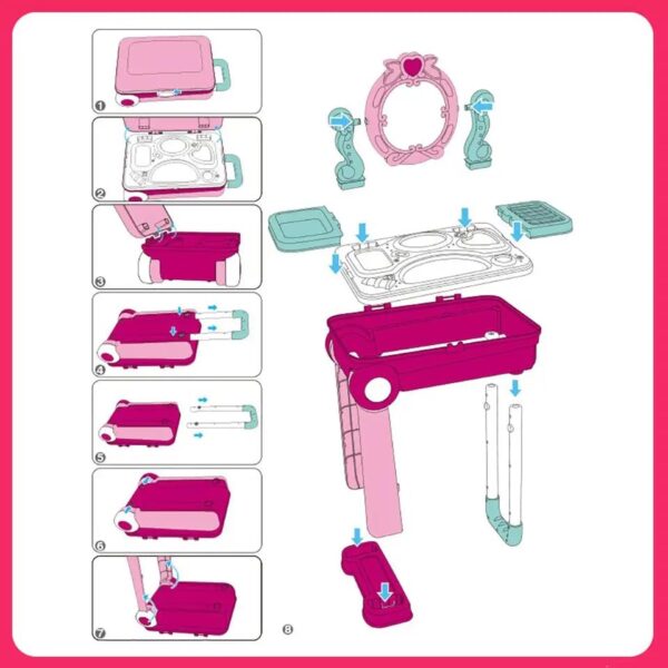 URBAN TOYS Beauty Makeup Kit for Doll Girls Cosmetic Set 2 in 1 Vanity Table Portable Trolley Pretend Play Set Toy with Make up Accessories for Kids Plastic (Pink) 21 Pieces - Image 5