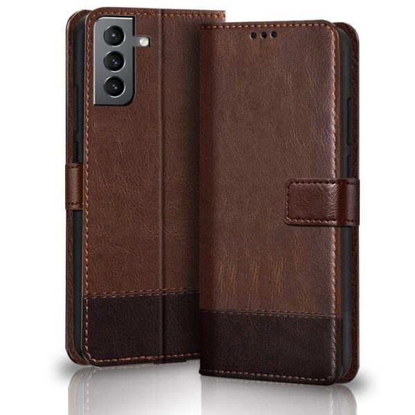 TheGiftKart Flip Back Cover Case for Samsung Galaxy S21 FE 5G | Dual-Color Leather Finish | Inbuilt Stand & Pockets | Wallet Style Flip Back Case Cover for Samsung Galaxy S21 FE 5G (Brown & Coffee) - Image 2