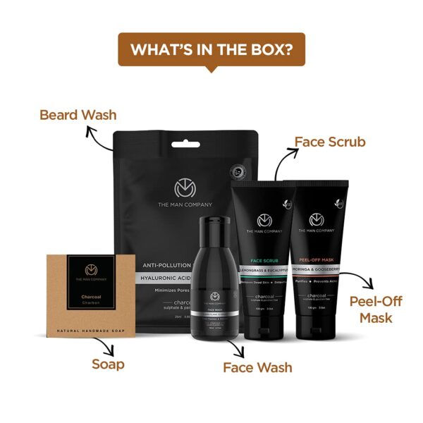 The Man Company De Tan Charcoal Facial Kit for Men with Face Wash, Face Scrub, Peel Off Mask, Sheet Mask, Soap for Whitehead & Blackhead Removal, Deep Skin Cleansing & Oil Control | Best Gift Set - Image 3