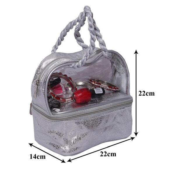 Kuber Industries Makeup kit | Choti Pattern Cosmetic Kit | Double Layer Cosmetic Kit | Laminated Travel Jewellery Kit | Vanity Makeup kit with Handle | Pack of 2 | Silver - Image 4