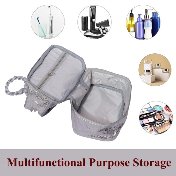 Kuber Industries Makeup kit | Choti Pattern Cosmetic Kit | Double Layer Cosmetic Kit | Laminated Travel Jewellery Kit | Vanity Makeup kit with Handle | Pack of 2 | Silver - Image 5